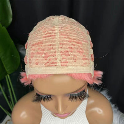 Pink Human Hair Blend Pixie Cut Layered Wavy Wig