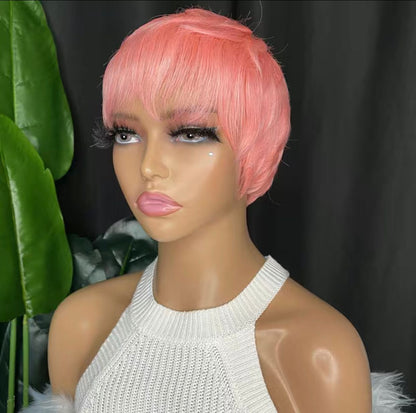 Pink Human Hair Blend Pixie Cut Layered Wavy Wig