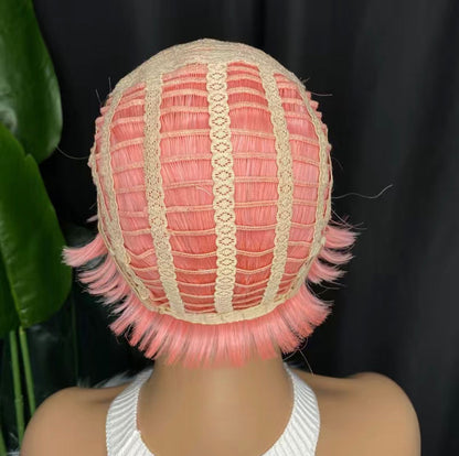 Pink Human Hair Blend Pixie Cut Layered Wavy Wig