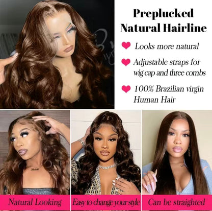 150% Chocolate Brown 4x4 Lace Front Brazilian Remy Human Hair Body Wave Wig