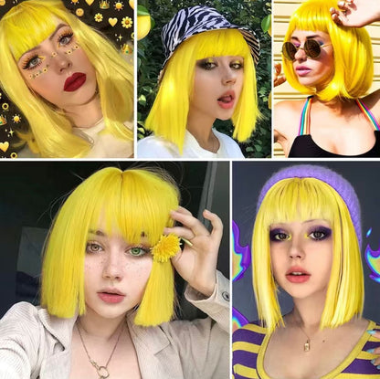 Yellow Brazilian Straight Human Hair None Lace Front Machine Made Bob Wig with Bangs