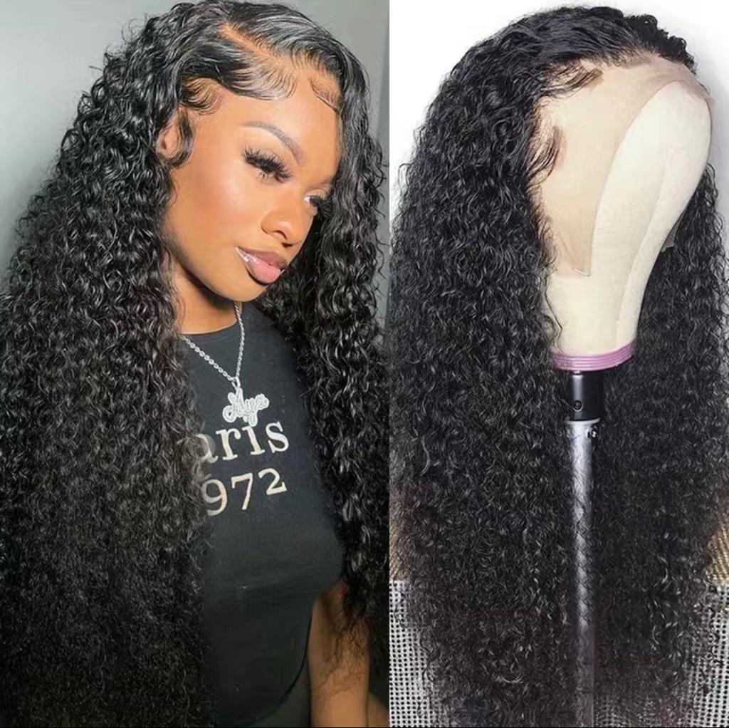 180% Density Natural Black Kinky Curly 13x4 Lace Frontal Brazilian Human Hair Wig