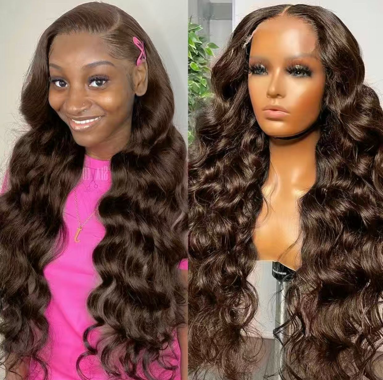 18” Chocolate Brown Remy Human Human Hair Body Wave 4x4 Lace Closure Wig