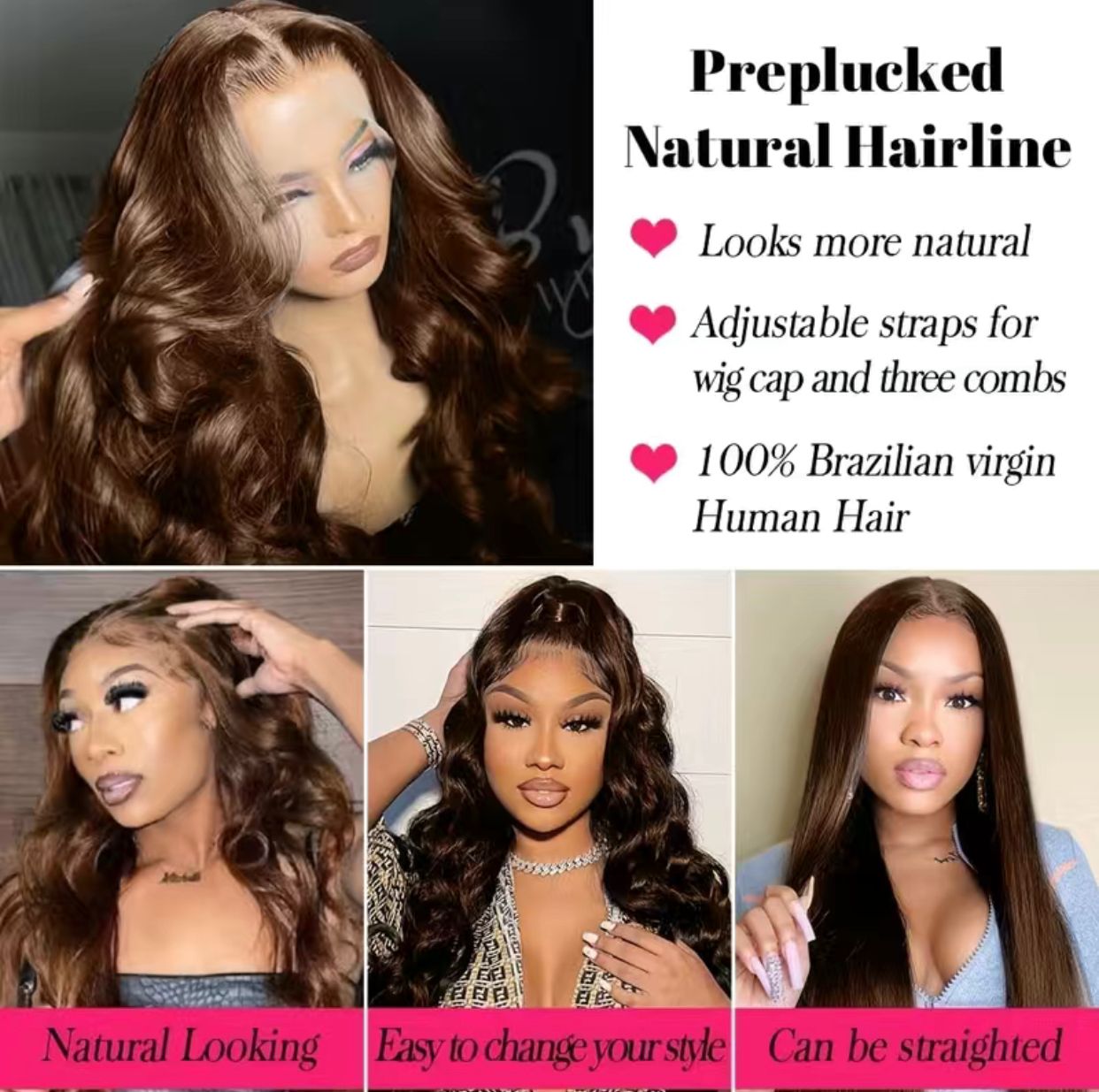 18” Chocolate Brown Remy Human Human Hair Body Wave 4x4 Lace Closure Wig