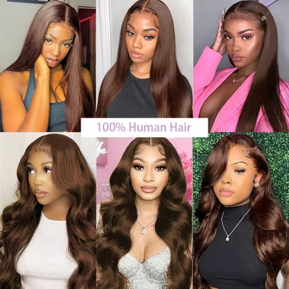 18” Chocolate Brown Remy Human Human Hair Body Wave 4x4 Lace Closure Wig