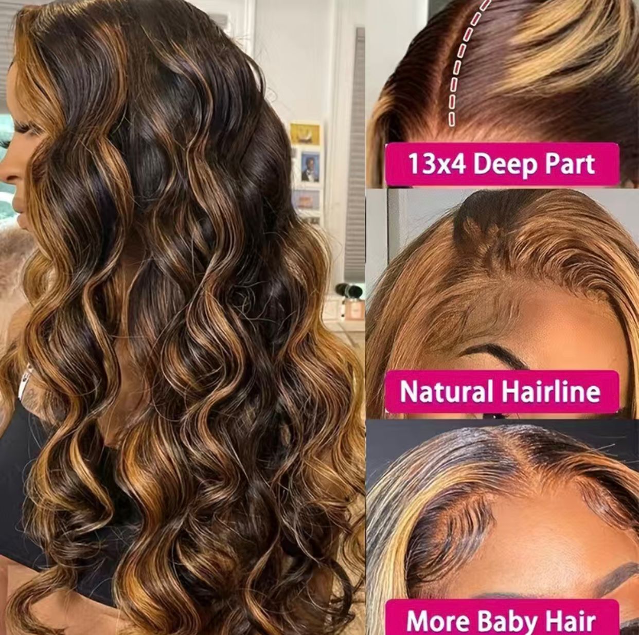 180% Ombre Highlight Honey Blonde 4x4 Lace Closure Body Wave Human Hair Wig