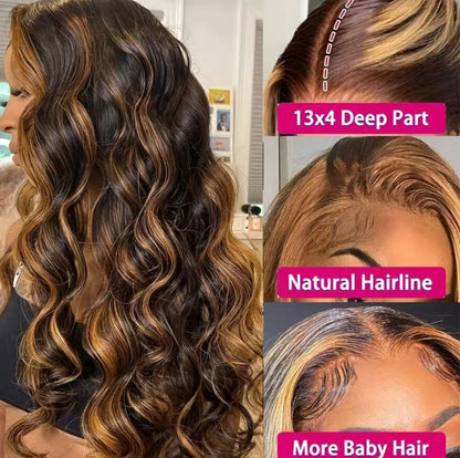 180% Ombre Highlight Honey Blonde 4x4 Lace Closure Body Wave Human Hair Wig