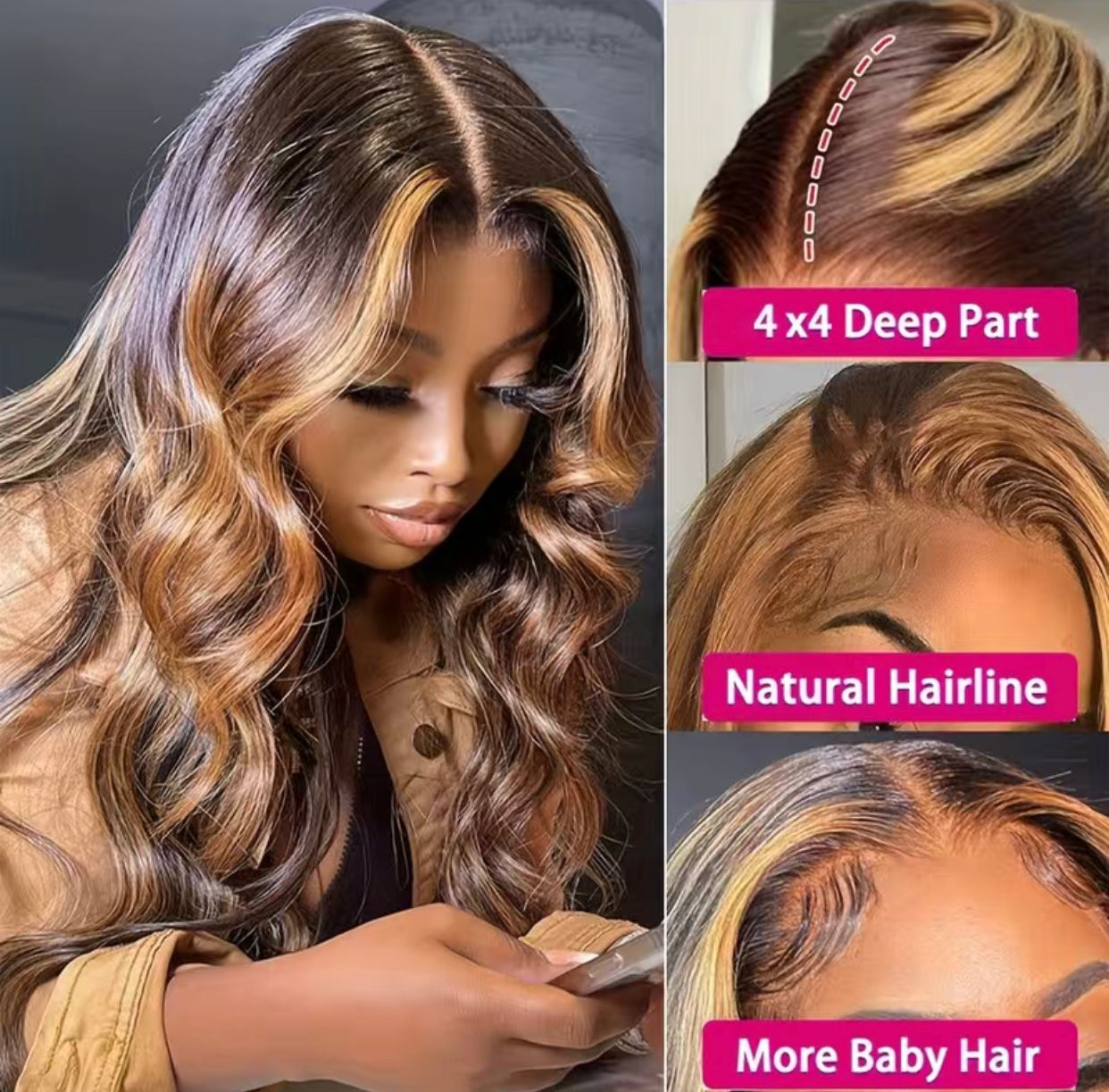 180% Ombre Highlight Honey Blonde 4x4 Lace Closure Body Wave Human Hair Wig