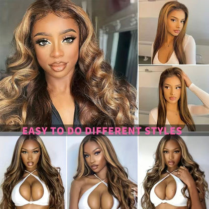 180% Ombre Highlight Honey Blonde 4x4 Lace Closure Body Wave Human Hair Wig