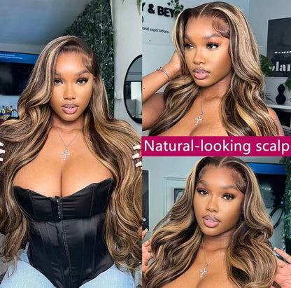 180% Ombre Highlight Honey Blonde 4x4 Lace Closure Body Wave Human Hair Wig