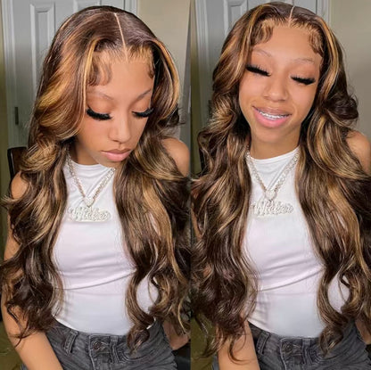 180% Ombre Highlight Honey Blonde 4x4 Lace Closure Body Wave Human Hair Wig