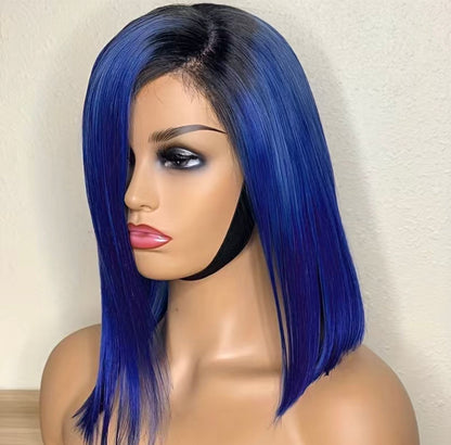 Ombre Black/Deep Blue 13x4 Lace Frontal Straight Peruvian Remy Human Hair Bob Wig