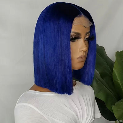 Ombre Black/Deep Blue 13x4 Lace Frontal Straight Peruvian Remy Human Hair Bob Wig