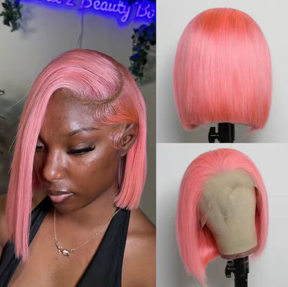 180% Baby Pink 13x4 Lace Frontal Straight 10A Brazilian Human Hair Bob Wig 