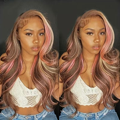 Ombré Highlight Golden Brown/Pink Body Wave Human Hair 13x4 Lace Frontal Wig