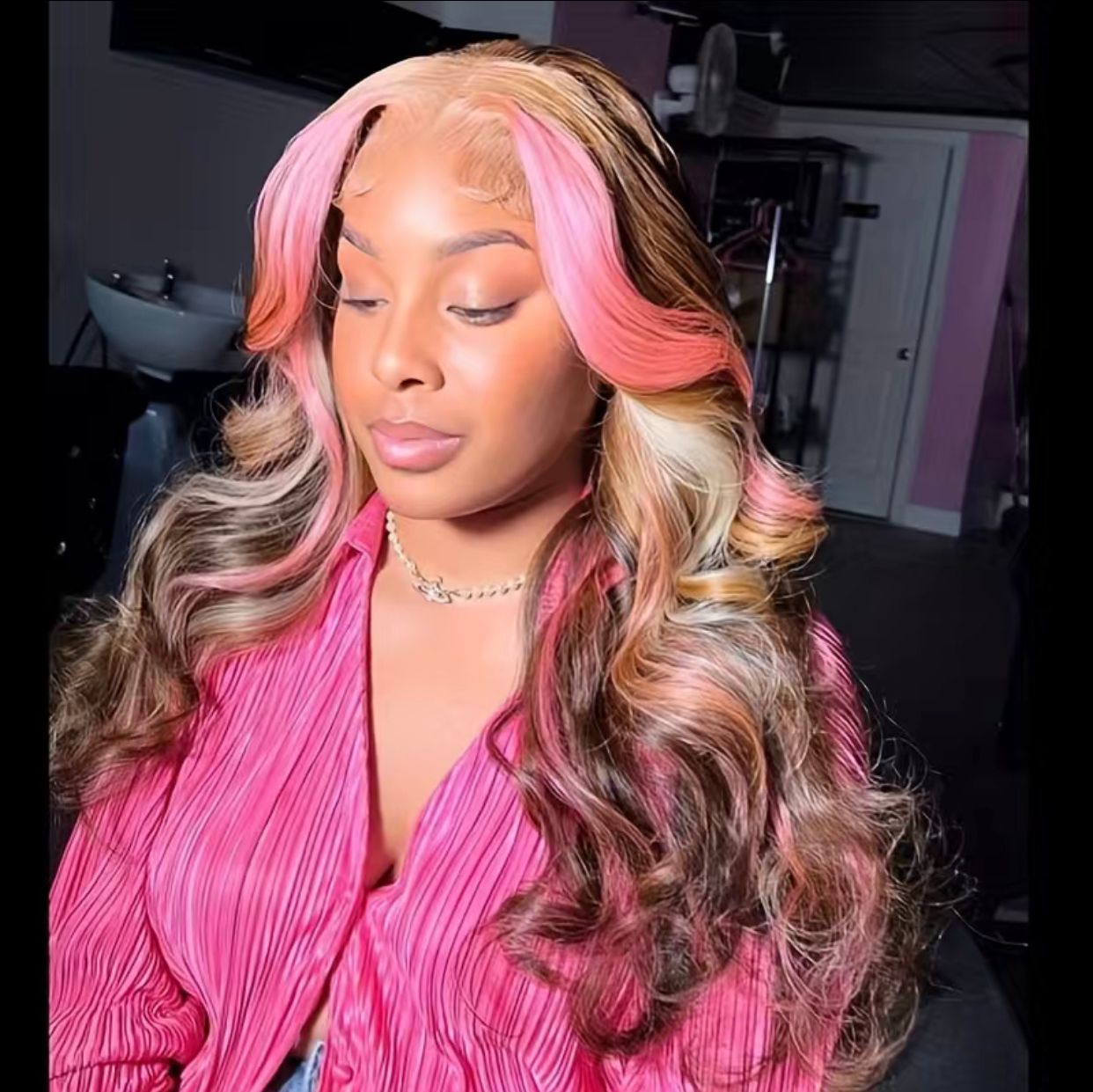 Ombré Highlight Golden Brown/Pink Body Wave Human Hair 13x4 Lace Frontal Wig