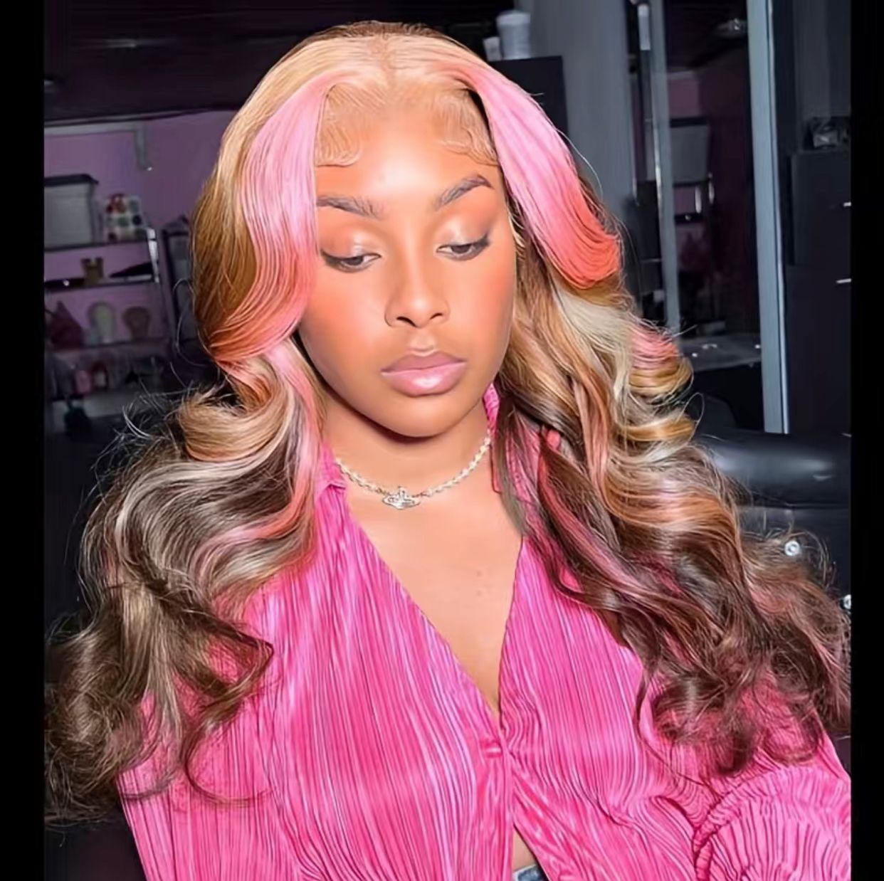 Ombré Highlight Golden Brown/Pink Body Wave Human Hair 13x4 Lace Frontal Wig