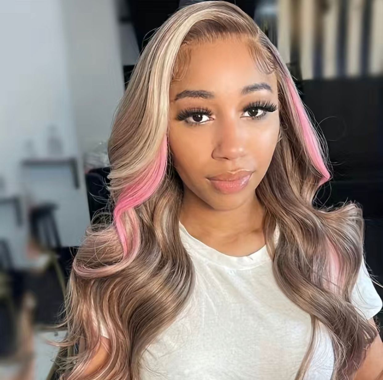 Ombré Highlight Golden Brown/Pink Body Wave Human Hair 13x4 Lace Frontal Wig