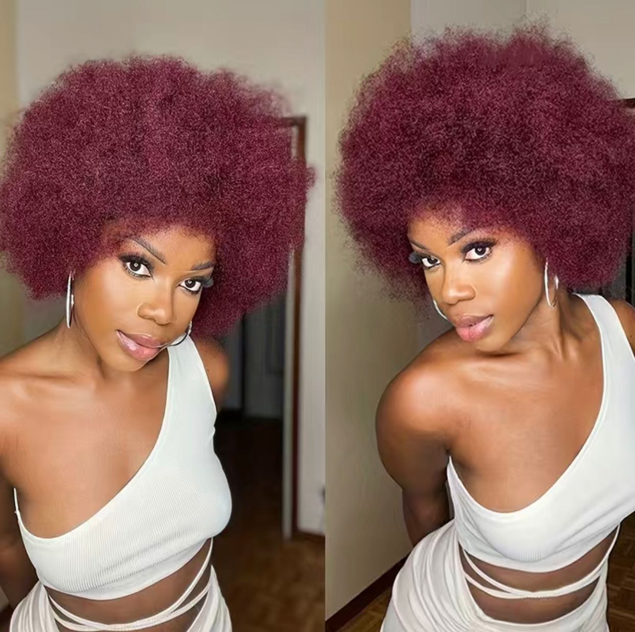 Burgundy Natural Brazilian Human Hair Afro Kinky Curly Wig with Bangs