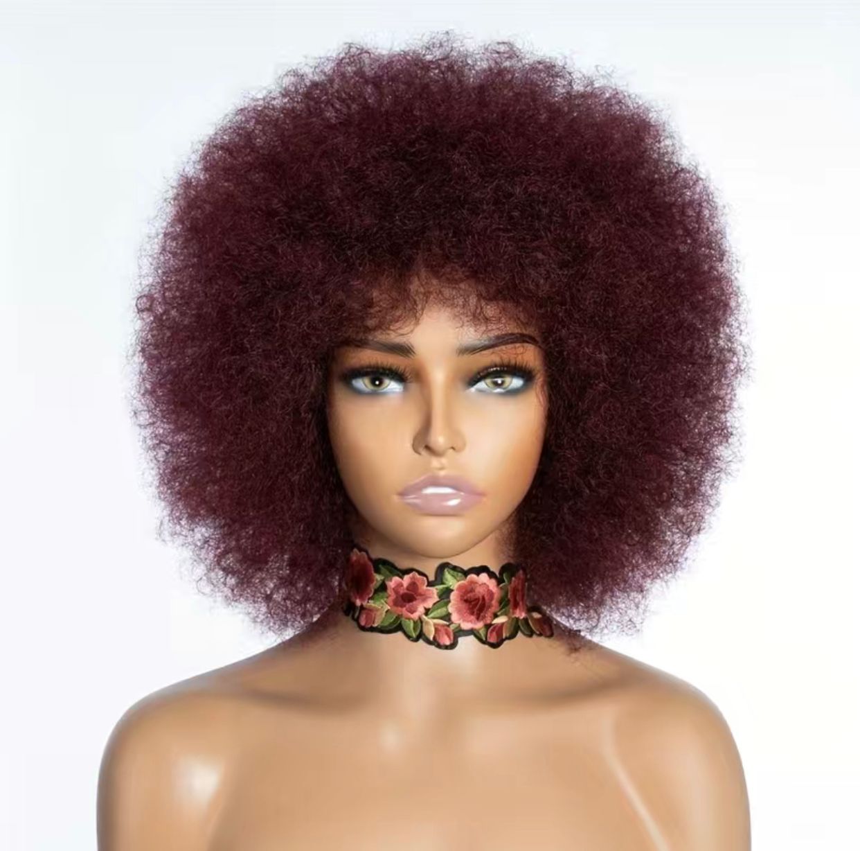 Burgundy Natural Brazilian Human Hair Afro Kinky Curly Wig with Bangs