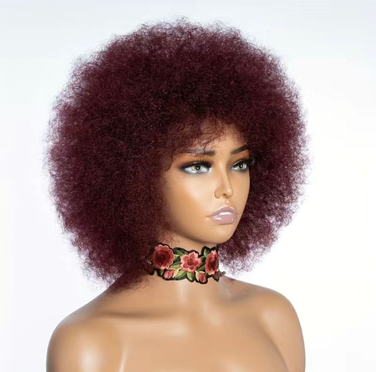 Burgundy Natural Brazilian Human Hair Afro Kinky Curly Wig with Bangs