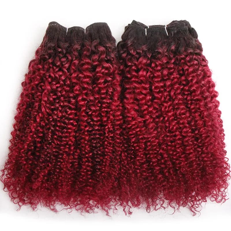 6Pcs Brazilian Jerry Curl Human Hair Bundles in T1B/Wine (Ombre Light Burgundy)