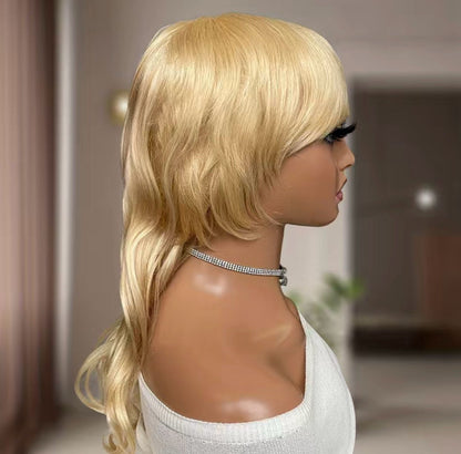 Honey Blonde Human Hair Body Wave Dovetail Mullet GluelessWig With Bangs