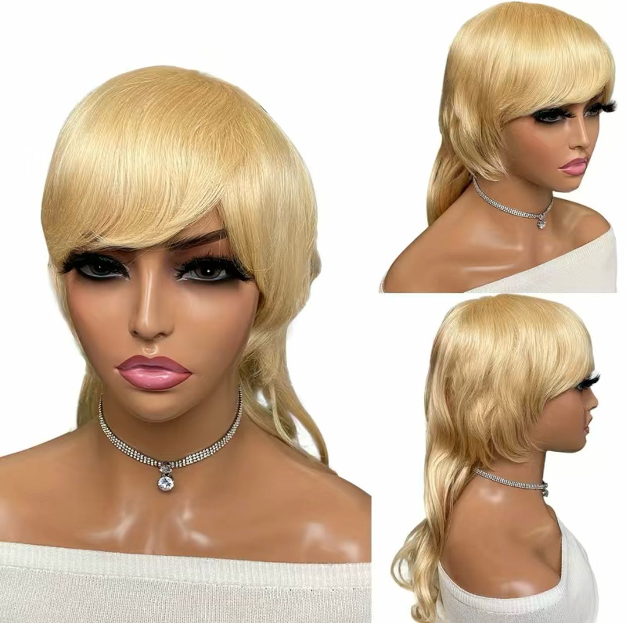 Honey Blonde Human Hair Body Wave Dovetail Mullet GluelessWig With Bangs