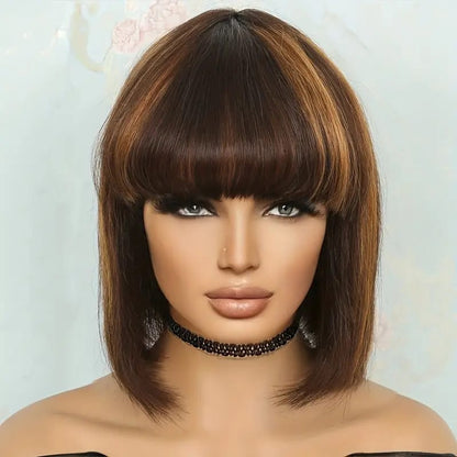 Golden Brown Brazilian Human Hair Short Bob Wig with Bangs in 8 Inches