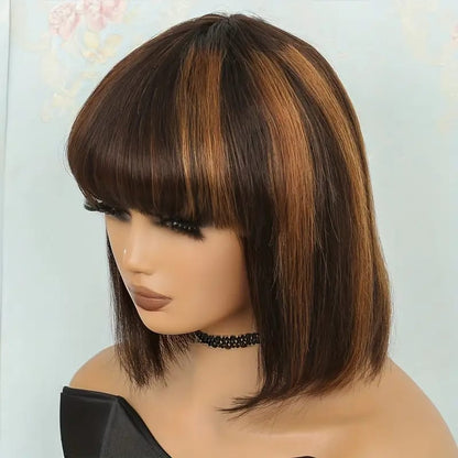 Golden Brown Brazilian Human Hair Short Bob Wig with Bangs in 8 Inches