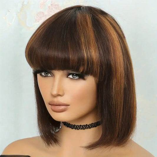 Golden Brown Brazilian Human Hair Short Bob Wig with Bangs in 8 Inches