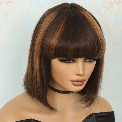 Golden Brown Brazilian Human Hair Short Bob Wig with Bangs in 8 Inches