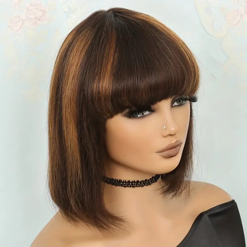 Golden Brown Brazilian Human Hair Short Bob Wig with Bangs in 8 Inches