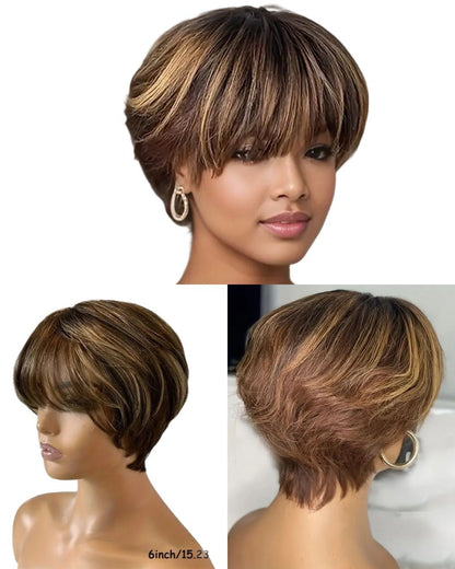 Short Pixie Cut Human Hair Wig, 6 Inch Brown with Blonde Highlights, 180% Density, Brazilian Remy Straight Style