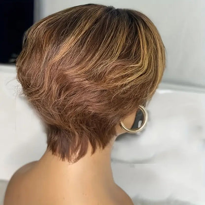 Short Pixie Cut Human Hair Wig, 6 Inch Brown with Blonde Highlights, 180% Density, Brazilian Remy Straight Style