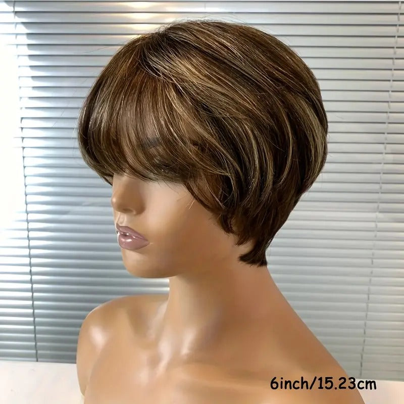 Short Pixie Cut Human Hair Wig, 6 Inch Brown with Blonde Highlights, 180% Density, Brazilian Remy Straight Style