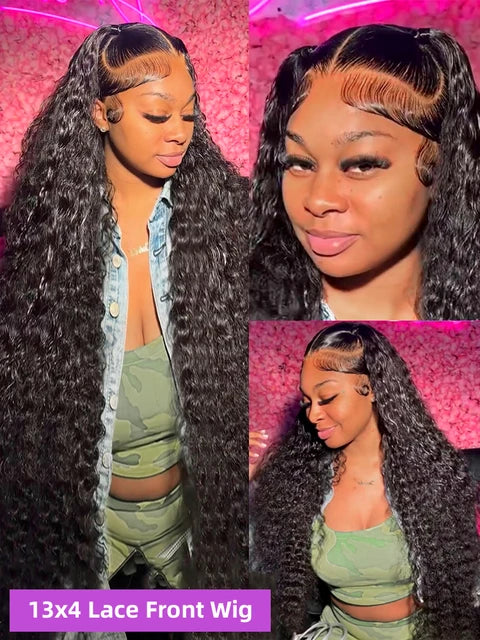 200% Natural Black 13x4 Lace Front Deep Wave Curly Lace Front Human Hair Wig