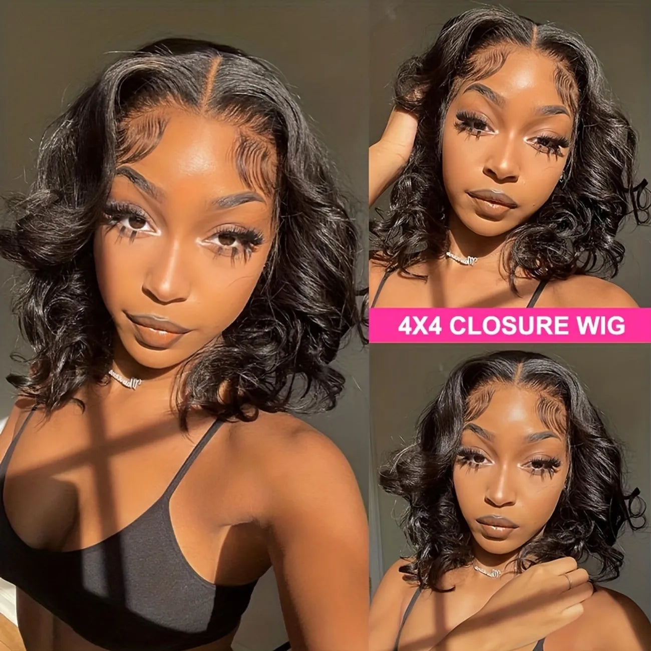 Natural Black 4x4 Closure Lace Human Hair Bob Wig