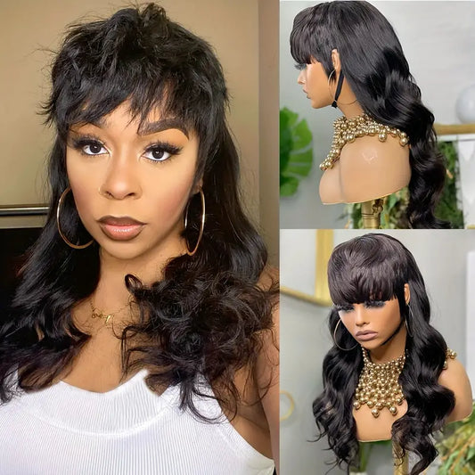 Natural Black Human Hair Body Wave Dovetail Mullet GluelessWig With Bangs in 16 Inches