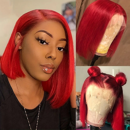 200% Density Bright Red 13x4 Lace Frontal Straight Brazilian Remy Human Hair Bob Wig