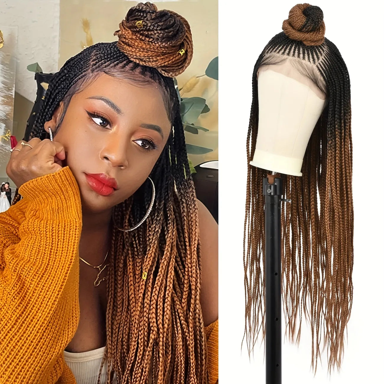 Knotless Bun Box Braided Lace Wig Medium Braids 100% Handmade