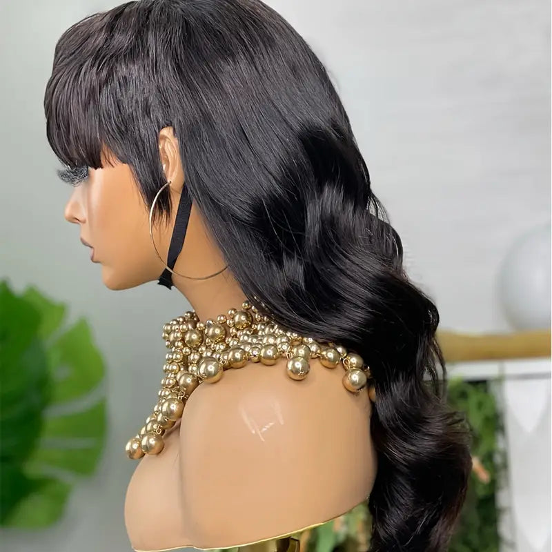 Natural Black Human Hair Body Wave Dovetail Mullet GluelessWig With Bangs in 16 Inches