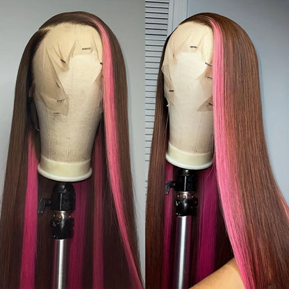 180% Ombré Chocolate/ Pink 13x4 Lace Front Brazilian Remy Human Hair Silky Straight Wig