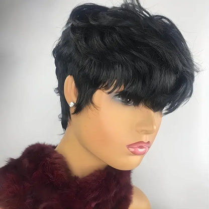 180% Density Natural Black Layered Pixie Cut Wavy Short Human Hair Wigs with Bangs