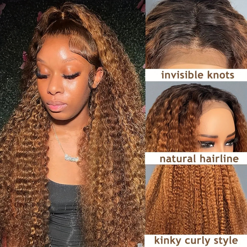 200% Ombre Caramel Brown 13x4 Lace Front Kinky Curly Lace Frontal Human Hair Wig.