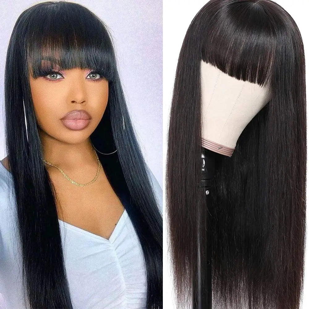 180% Silky Bone Straight Brazilian Human Hair Wigs With Bangs