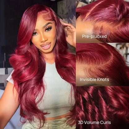 200% 99J Burgundy 13x4 Lace Frontal Body Wave Human Hair Wig