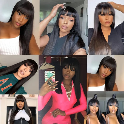 180% Silky Bone Straight Brazilian Human Hair Wigs With Bangs