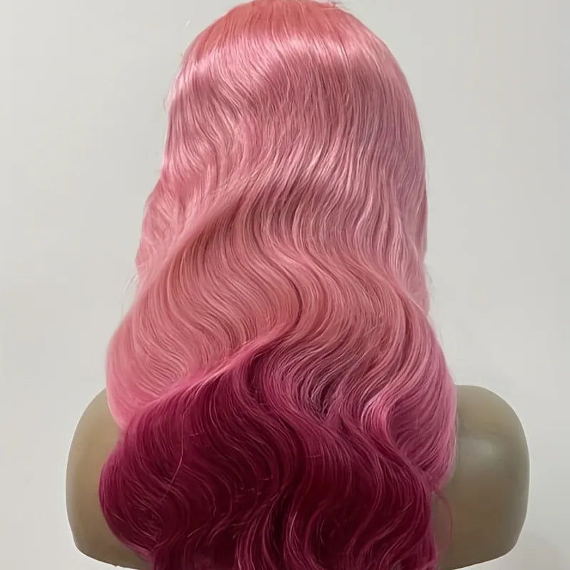 150% Ombre Baby Pink and Hot Pink T Lace Front Human Hair Body Wave Glueless Wig