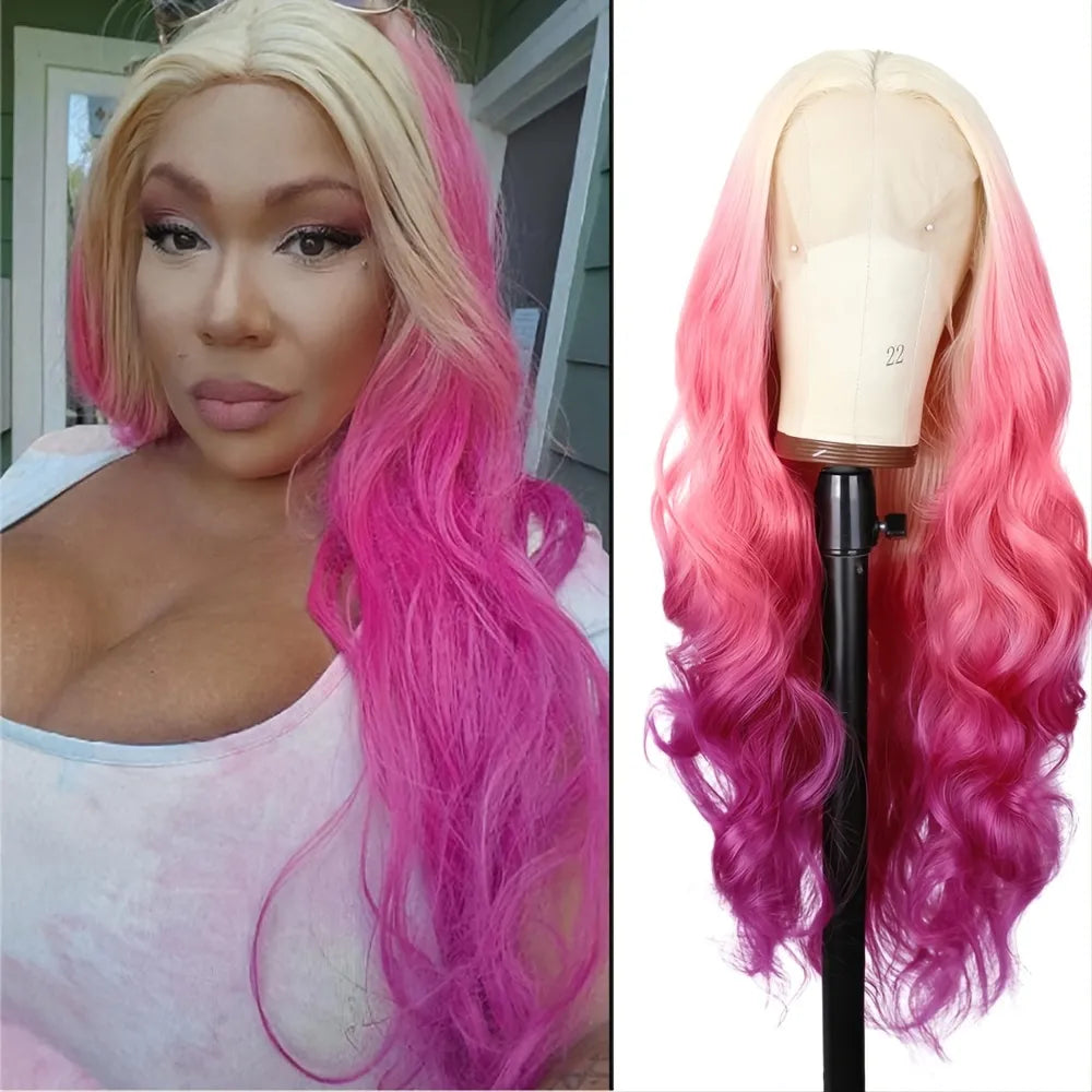 Ombré Pink &amp; Blonde Body Wavy Lace Front Wig in 26 Inches